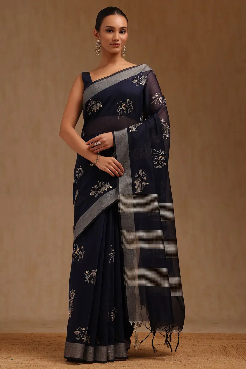 Navy Blue Chanderi Warli Saree With Thread Work